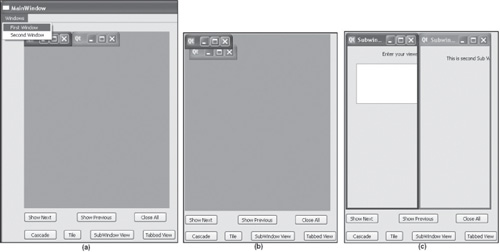 (a) Subwindows appear in shrinked form with the first subwindow active. (b) The shrinked subwindows arranged in cascade pattern. (c) Subwindows expanded and arranged in tile pattern.