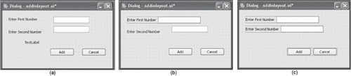 (a) Initial layout of the widgets. (b) Label and the first Line Edit arranged in horizontal layout. (c) All widget pairs arranged in horizontal layout.