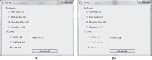 (a) The widgets arranged in grid layout, displaying the bill of the selected items. (b) All widgets of the Drinks Group Box are disabled on unselecting its Check Box.