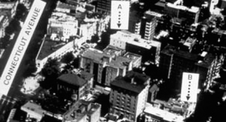 Aerial view of Pollard (A) and Pelton (B) apartments —NIS/FBI AERIAL PHOTO