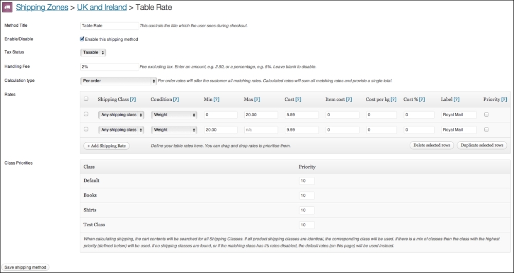 Shipping methods and prices