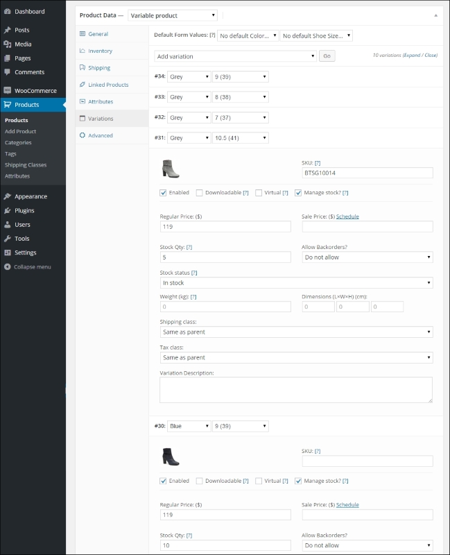 Setting up variable and grouped products