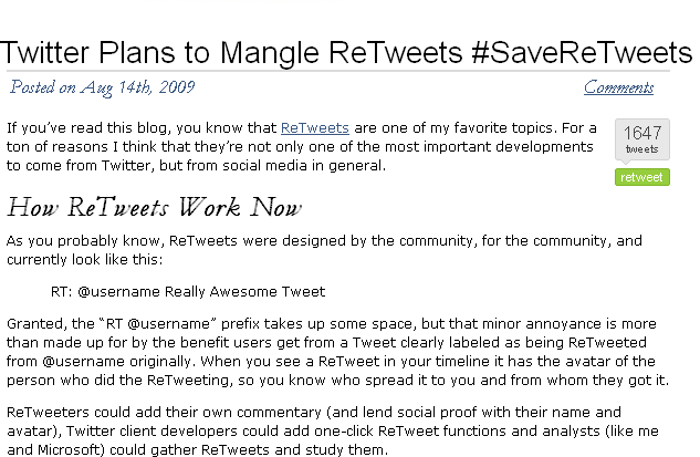 Here's an example of the TweetMeme button on a blog post.