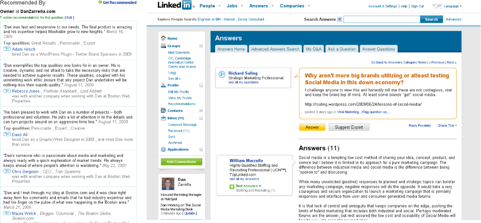 On the left is an example of the LinkedIn Recommendations feature; on the right is an example of the LinkedIn Answers feature.