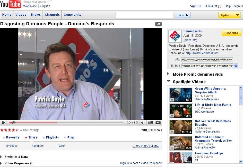 Domino's responded to the negative YouTube video on YouTube.
