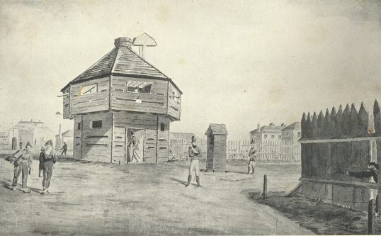 The Block House, Norman Cross Barracks, 1809, where French Prisoners of War were confined. Drawn by Captain George Lloyd, 2nd West York Militia, 1809. Royal United Service Institution, Whitehall