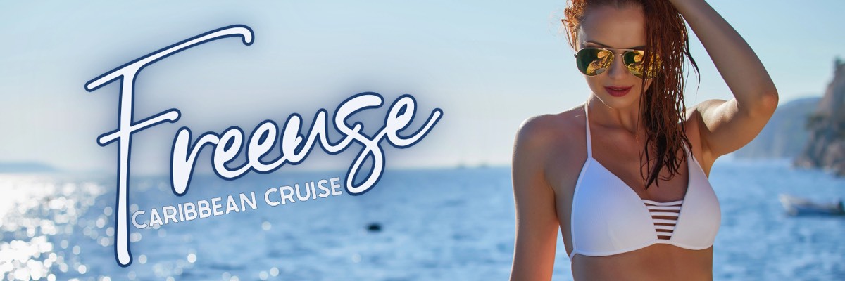 Freeuse Caribbean Cruise banner focuses on a bikini model with an ocean view behind her