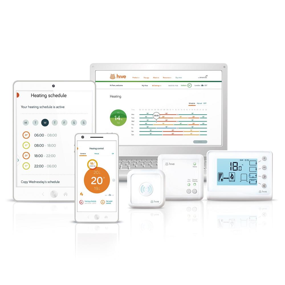 The Hive thermostat can be remotely controlled by mobile and web apps; it connects to the Internet via a dedicated gateway device (the small device in the center; image: British Gas)