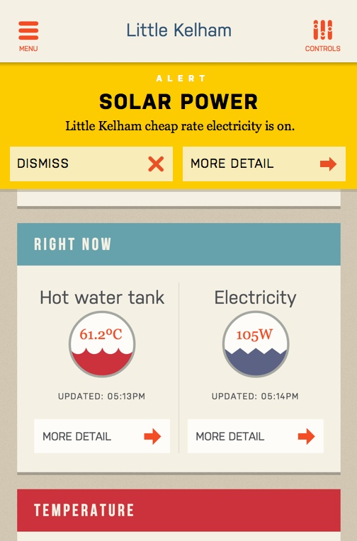 Alerts let users know they can take advantage of cheap electricity generated from on-site solar panels—this is a key part of the Little Kelham proposition that the UX needs to support