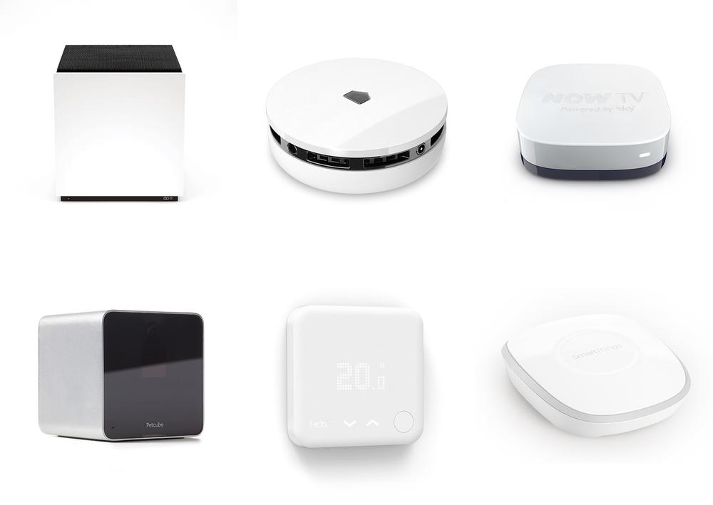 A collage of six different connected products: All are great products in their own right, yet it is hard (if not impossible) to make an emotional connection to the activities or contexts these devices relate to purely from seeing these devices