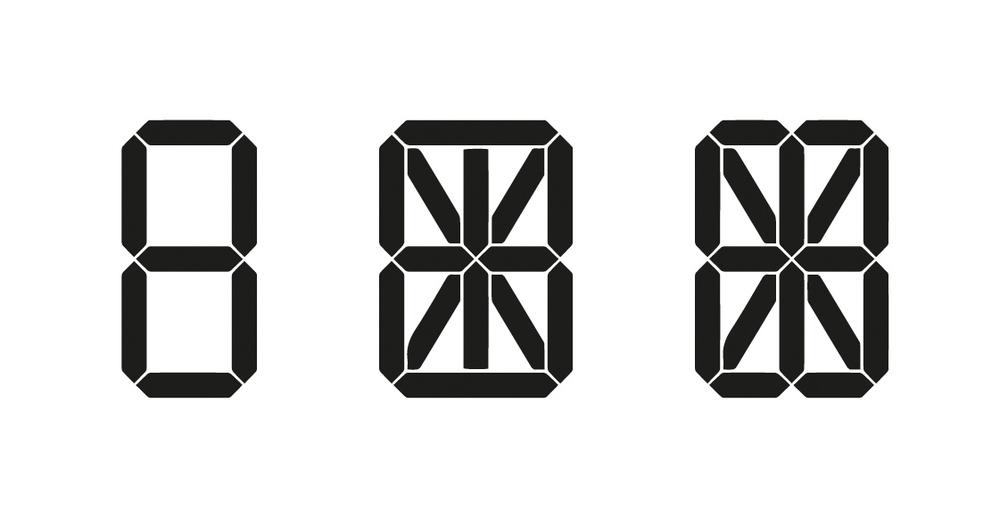 The segment layout of 7-, 14-, and 16-segment displays (image: Martin Charlier)