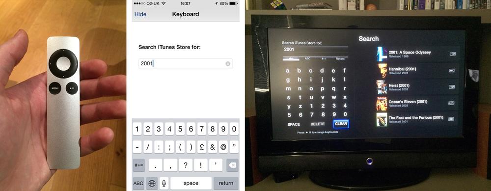 Apple TV Remote, Remote App, and TV interface (images: Martin Charlier)