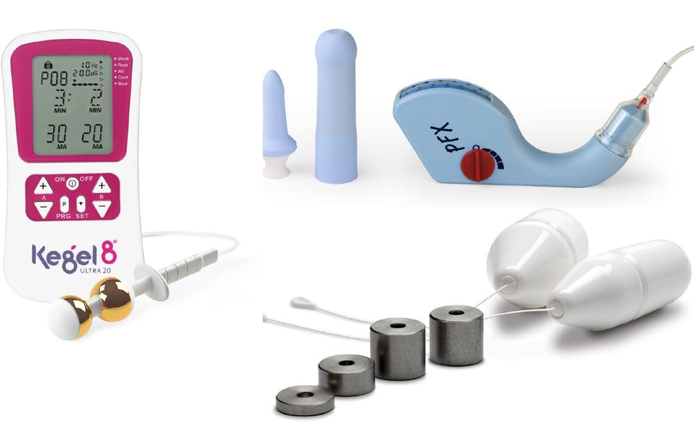 Most pelvic floor exercisers look like medical devices (images: Savantini, Laborie, Aquaflex)