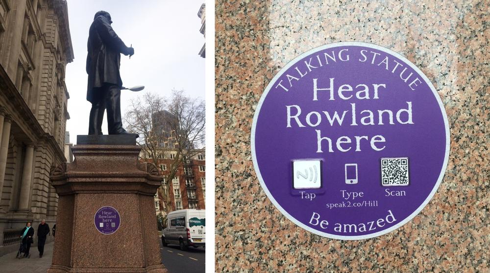 Sign on a London statue of Rowland Hill, postal reformer, indicating that content can be accessed via NFC tag