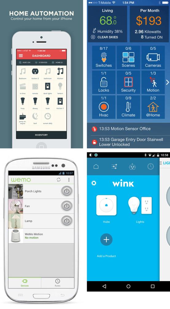 Different smartphone UIs showing dashboards of multiple connected devices (clockwise from top left: Revolv, Simplewave for Vera, Wink, WeMo)