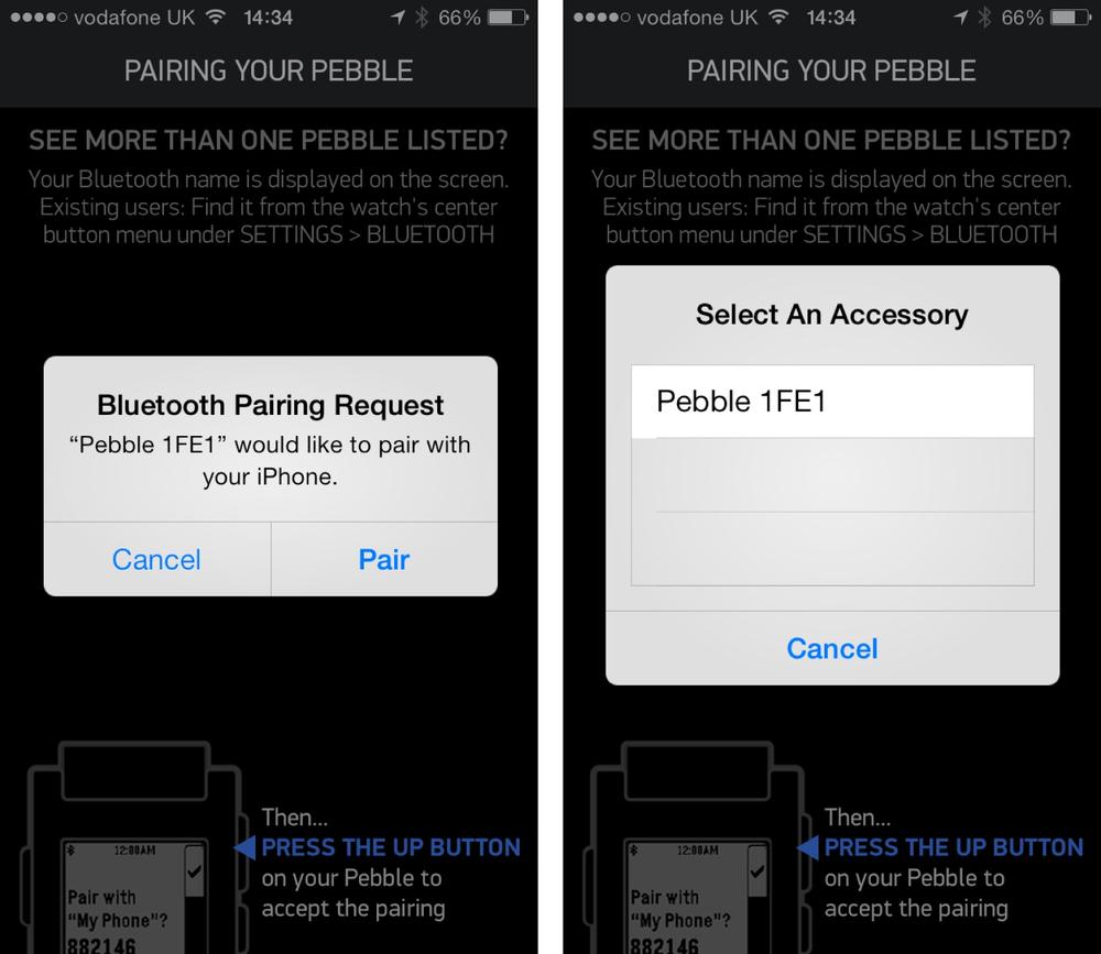 The iPhone/Pebble “just works” Bluetooth pairing confirmation