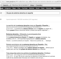 Figure 3.5.1 Coogle.es results of a query for right-wing extremist groups in Spain. Screenshot, 4 September 2012.