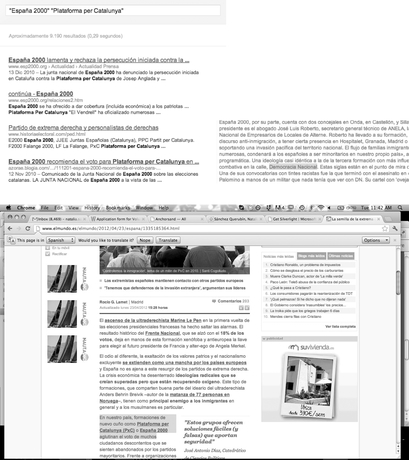 Figure 3.5.3 Associative query-snowballing technique, second iteration. Results of the Google.es query for Plataforma Catalunya and España 2000 yield a third group, Democracia Nacional, which is then added to the spreadsheet, with its URL. Screenshots, 4 September 2012.