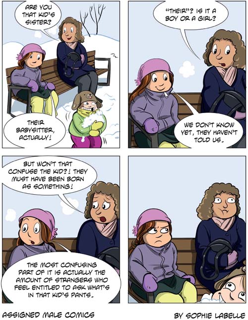 A four-panel comic showing a young trans person, a young kid and an adult at a park during wintertime:

First panel. Adult: ‘Are you that kid’s sister?’
Trans girl: ‘Their babysitter, actually!

Second panel. Adult: ‘“Their”? Is it a boy or a girl?’
Trans person: ‘We don’t know yet, they haven’t told us.’

Third panel. Adult: ‘But won’t that confuse the kid?! They must have been born as something!’
Trans girl: ‘The most confusing part of it is actually the amount of strangers who feel entitled to ask what’s in that kid’s pants.’

Fourth panel. (Trans girl looks angrily at the adult, who looks embarrassed and clutches their bag. The kid can be seen grinning in the corner.)
