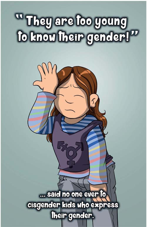 A poster with a trans girl face palming. She is wearing a shirt with the transgender gender symbol on it. It reads: ‘“They are too young to know their gender!” … said no one ever to cisgender kids who express their gender.’