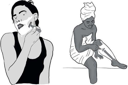 A feminine person shaving their face; A feminine person shaving their legs