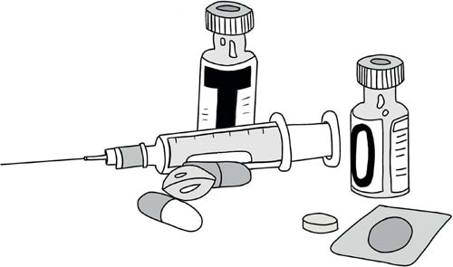 A syringe and vials marked O and T