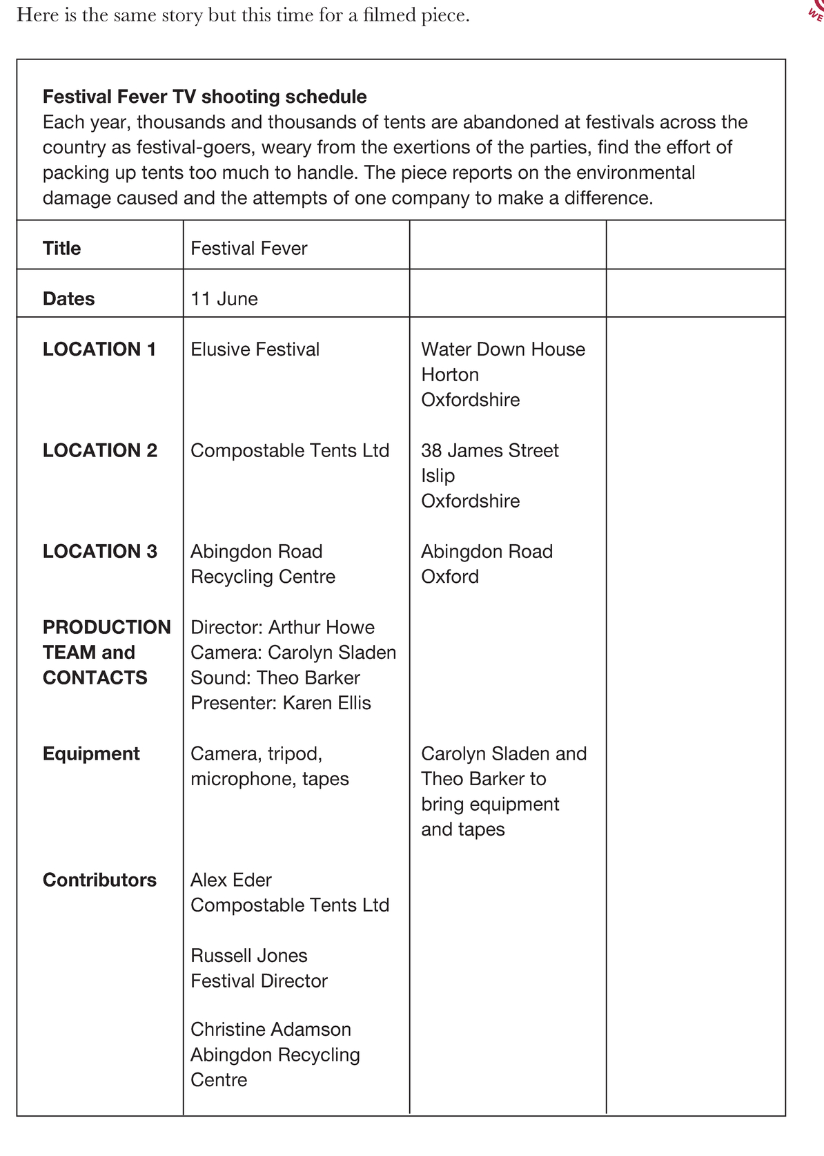 Template 9.3 TV shooting schedule