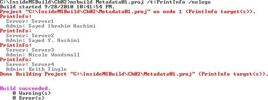 PrintInfo target results on Metadata01.proj