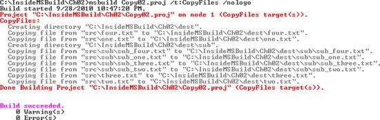 CopyFiles target result on Copy02.proj