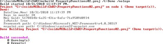 Result of the Demo target in the PropertyFunctions02.proj file.