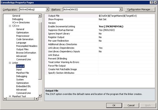 Property pages for the project node showing the Linker options under the General category