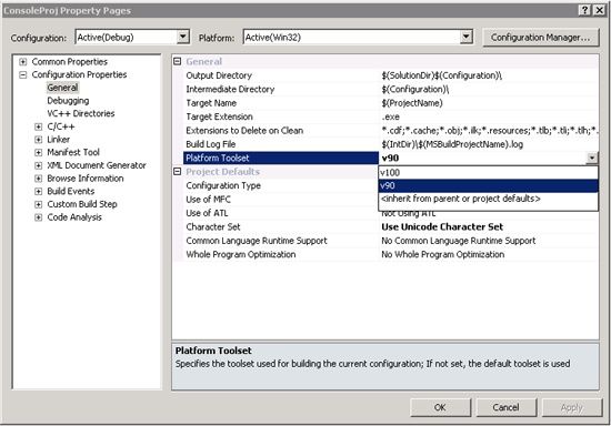 Viewing the platform and platform toolset in the property pages