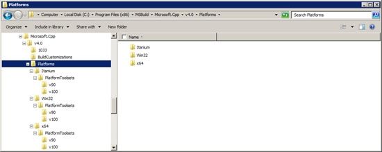 The installed platforms and platform toolsets are located in the $(VCTargetsPath)\Platforms directory root.