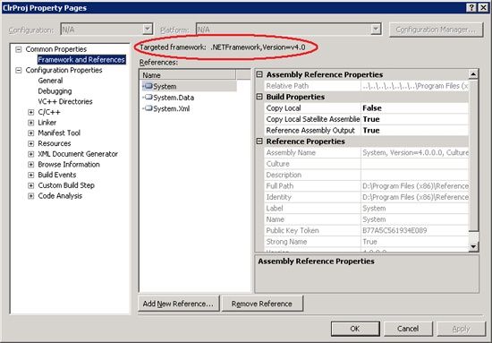 Property pages showing the Target Framework version for a Visual C++ CLR project