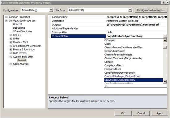 Specifying Custom Build Step using the property pages