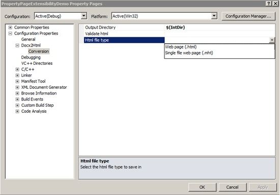 The Property Pages user interface showing that the Docx2Html Rule has indeed been added