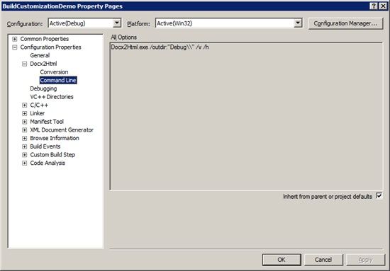 The Docx2Html Rule showing the command-line page