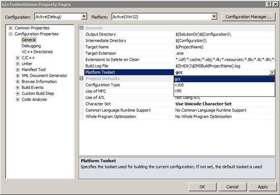 Choosing the gcc platfrom toolset in the property pages