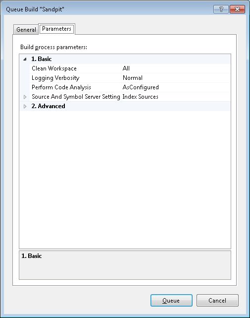 Queue Build dialog: Parameters tab