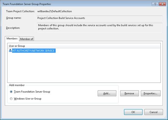 Build Services Security Group Properties dialog