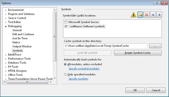 Configuring Visual Studio symbol file locations