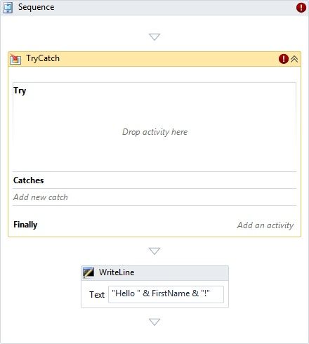 The empty TryCatch activity inside our Workflow