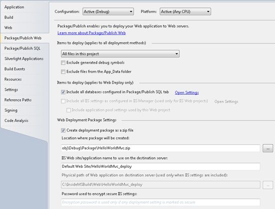 Web Deployment Package options page