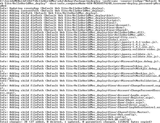 msdeploy.exe used to sync HelloWorldMvc_deploy to a remote server