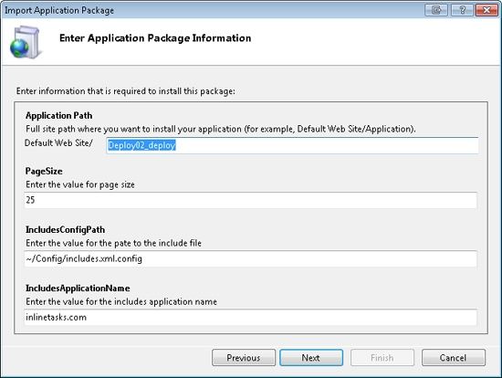 IIS Manager Import Application Package Parameters dialog