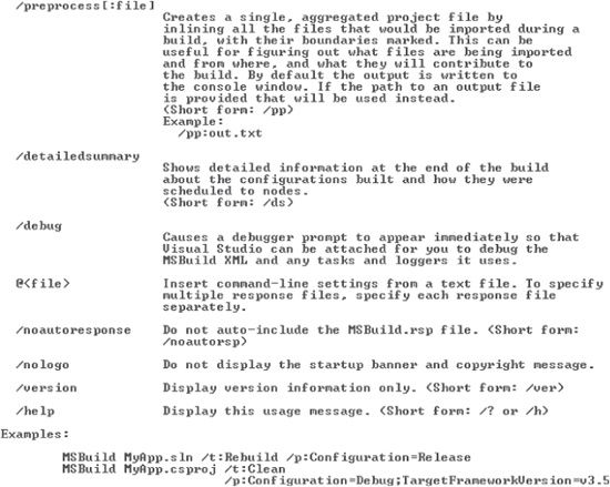 msbuild.exe usage information showing /debug switch