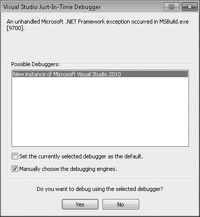 JIT Debugger Selection dialog