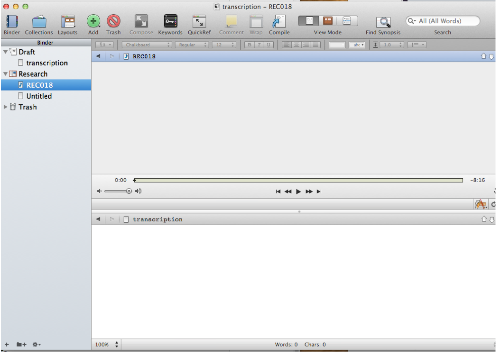 Figure 12.7 Example Transcription in Scrivener