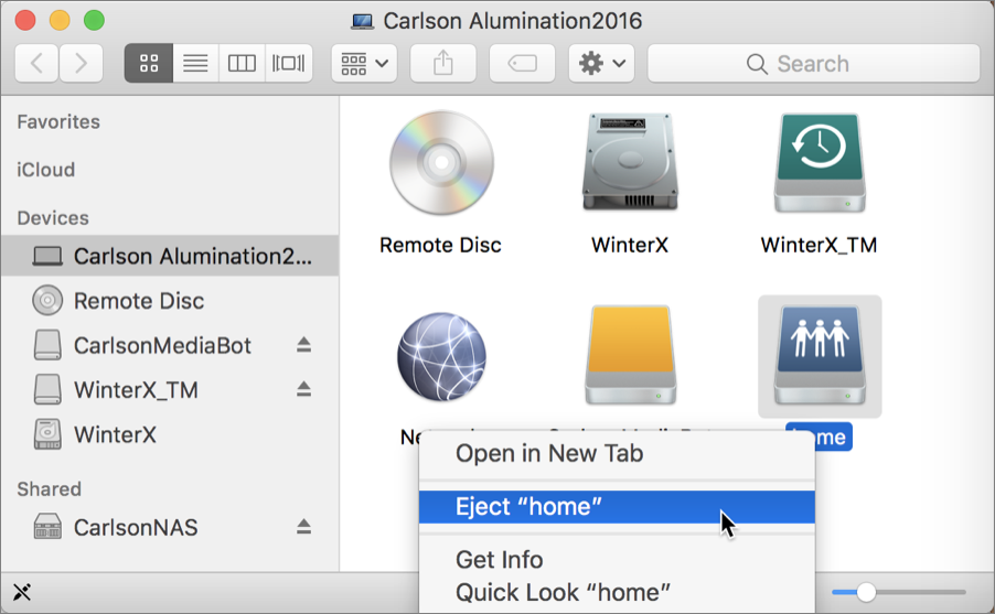 Figure 54: The shared folders act like regular volumes, such as when you choose to eject them.