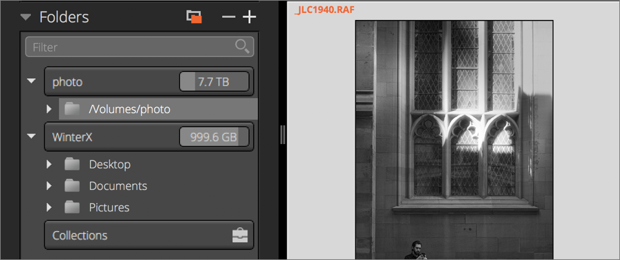 Figure 58: Editing a photo stored on a NAS using Exposure X4 involves adding the volume’s folder to the Folders panel.